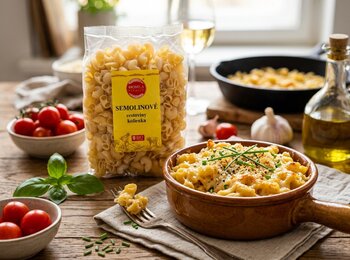 Zapekané semolinové cestoviny s morčacím mäsom v krémovej syrovo-bešamelovej omáčke, doplnené sušenými paradajkami, čiernymi olivami a parmezánom.